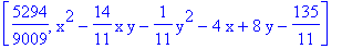 [5294/9009, x^2-14/11*x*y-1/11*y^2-4*x+8*y-135/11]